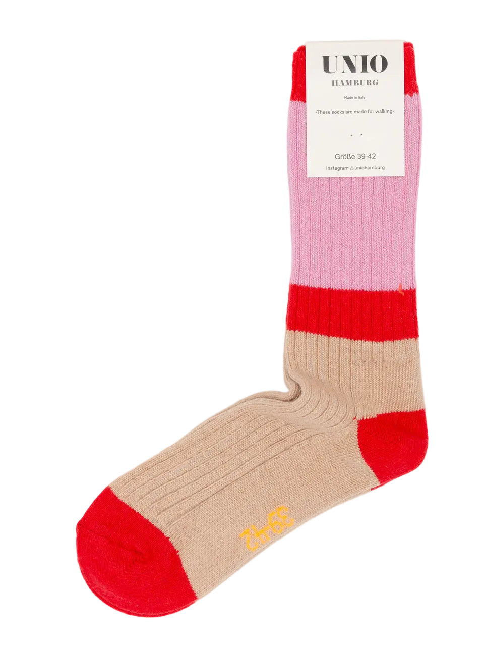 CALM GLITZI Socke von UNIO Hamburg in Rot, Rosa und Beige mit farblich abgesetzter Spitze, Ferse und Glitzerdetails