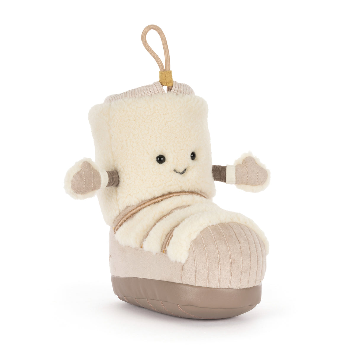 Jellycat Amuseables Perta Snow Boot in Beige mit goldener Schnürung, Fäustlingen und lachendem Gesicht von vorne