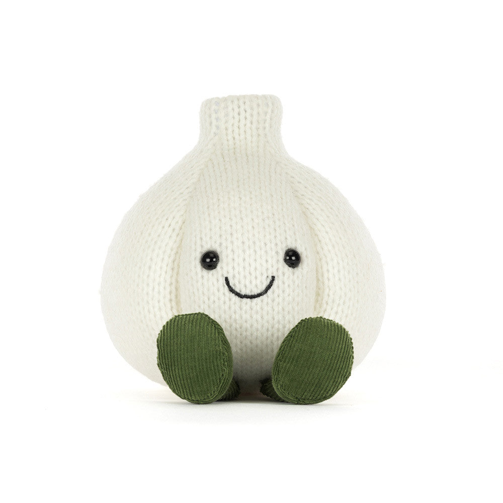 Jellycat Amuseables Garlic Plüsch-Knoblauch aus Ecru-Strickstoff mit grünen Feincord-Füßen und Lachgesicht