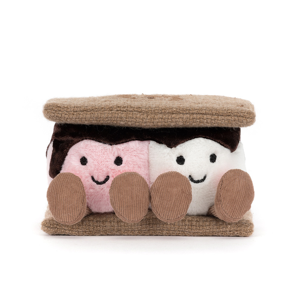 Jellycat Amuseables S’mores Kuscheltier mit zwei Marshmallows zwischen Keks und Schokolade, lächelndes Food-Plüschtier