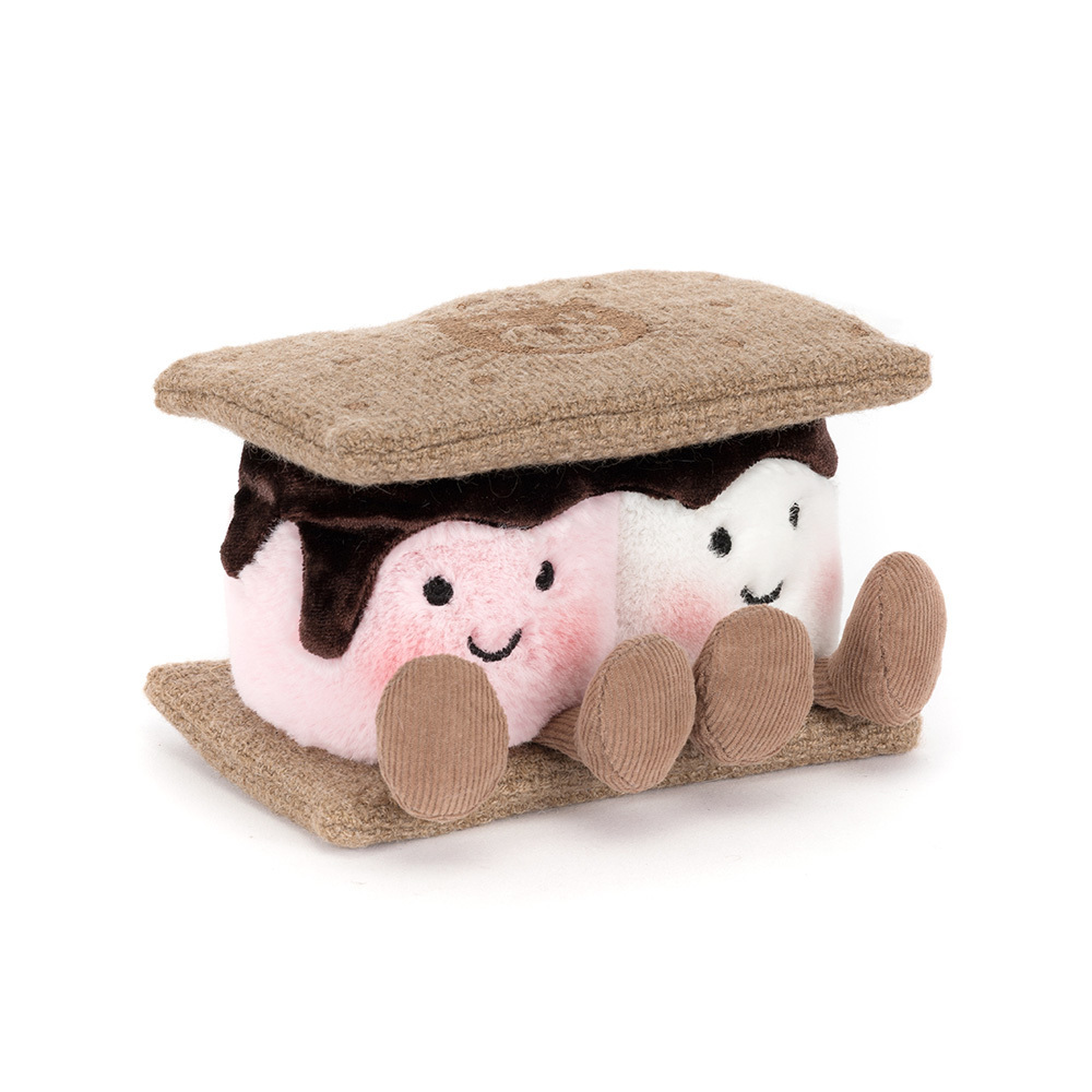 Jellycat Amuseables S’mores Kuscheltier mit zwei Marshmallows zwischen Keks und Schokolade, lächelndes Food-Plüschtier