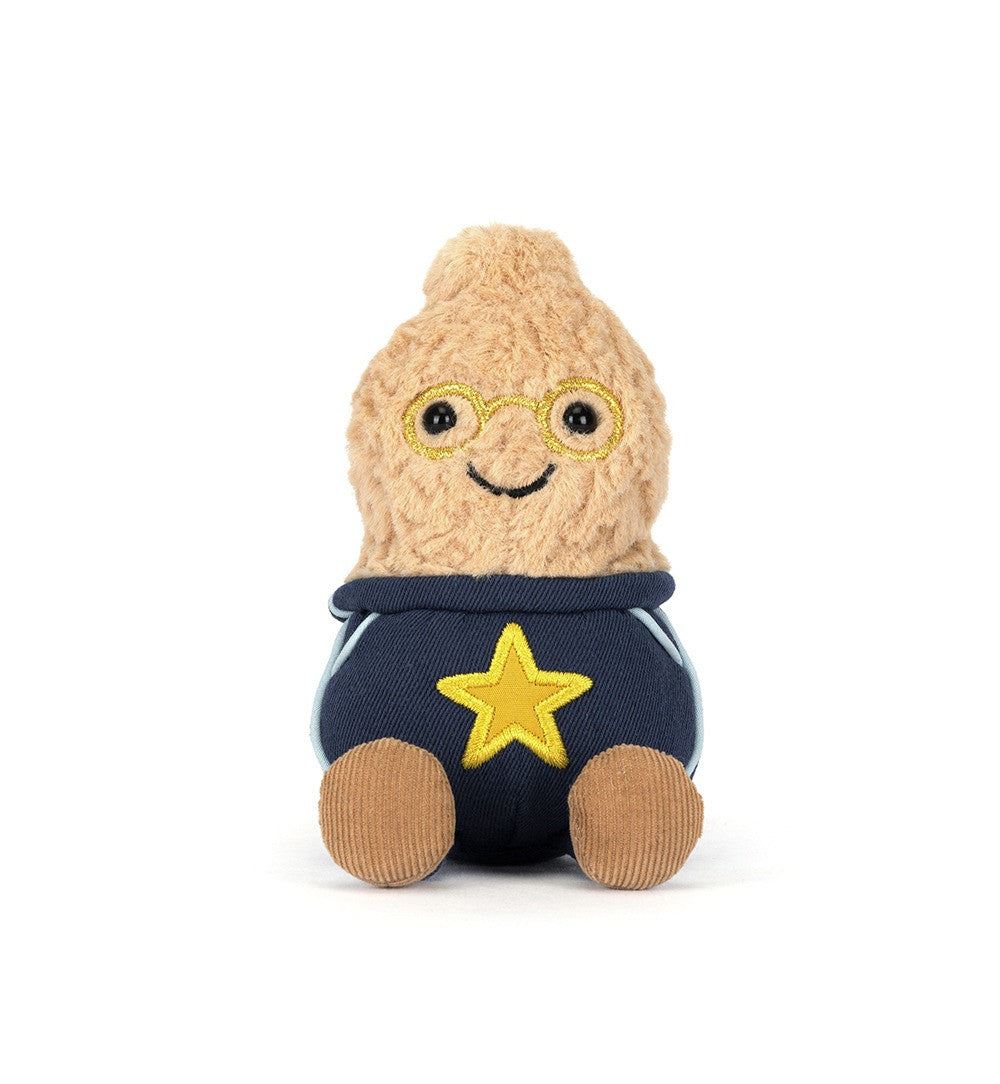 Jellycat Amuseables Peanut Star Student Outfit, Plüsch-Erdnuss mit goldener Brille, Schuluniform und ausgestreckten Füßen