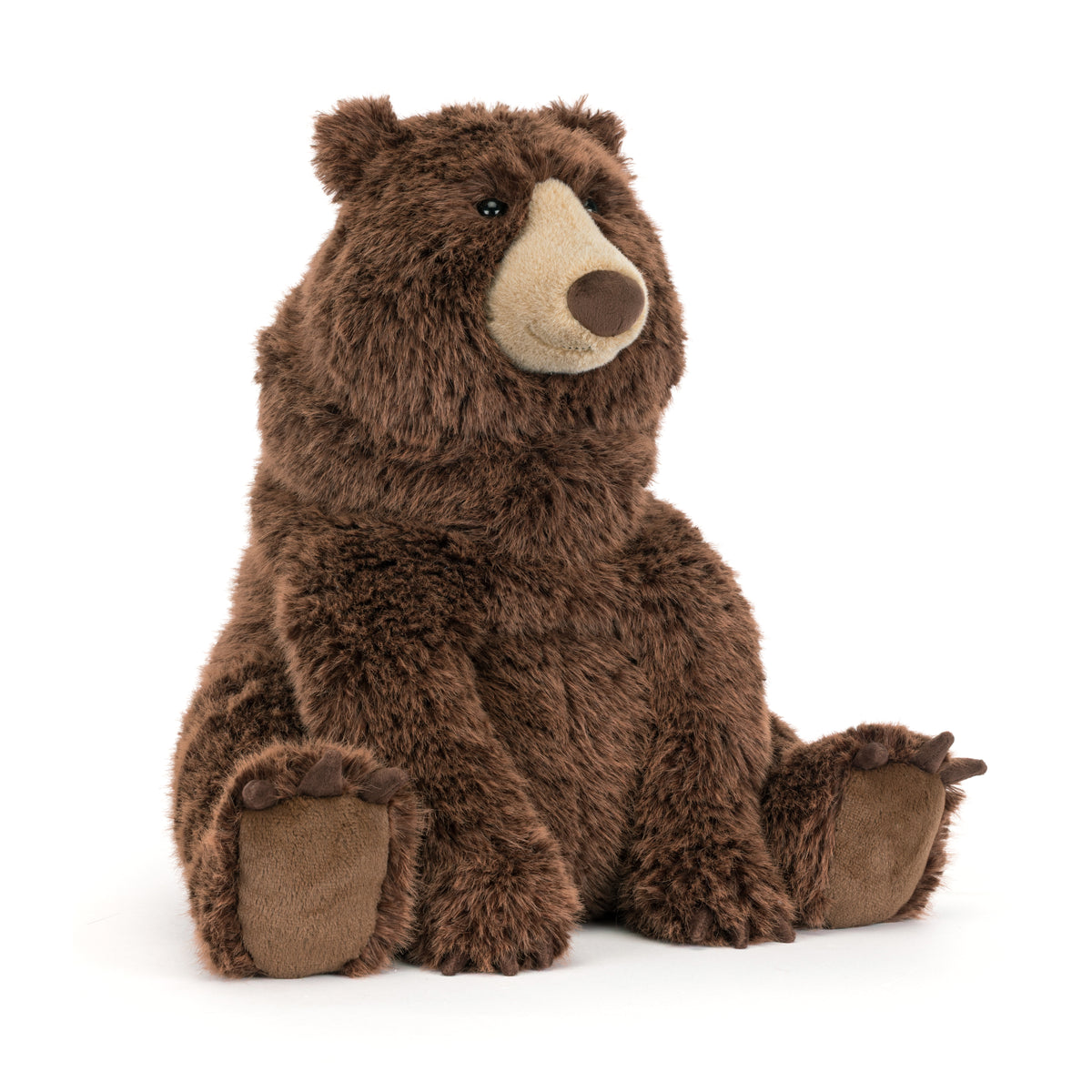 Jellycat Bizzlestomp Bear, großer flauschiger Bär mit freundlichem Gesicht und großen Tatzen, sitzend von vorne