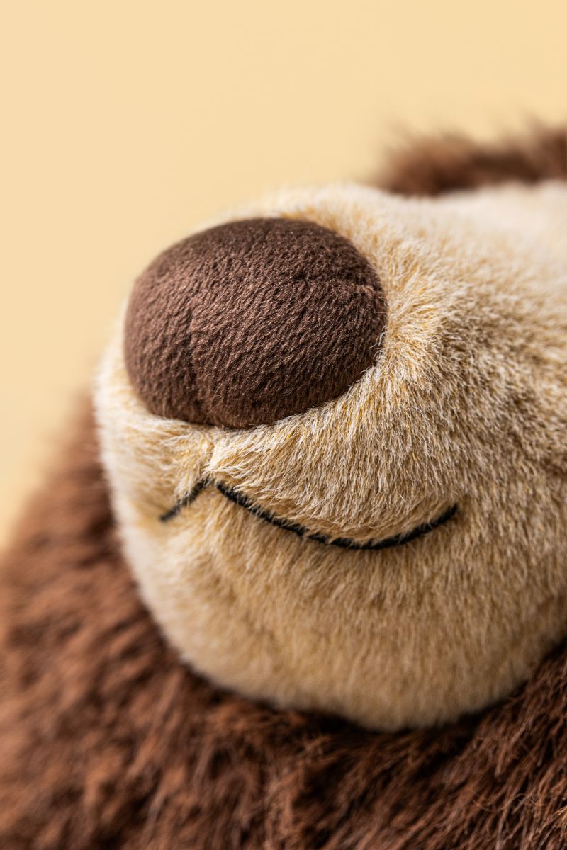 Jellycat Bizzlestomp Bear – Detailansicht der flauschigen beigen Schnauze und des freundlichen Gesichts