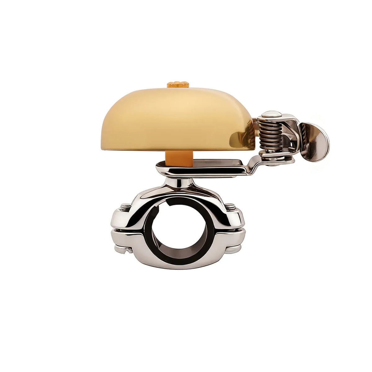 BANWOOD Klingel im Retrostyle in Gold von der Seite mit sichtbarer Universalhalterung am Lenker