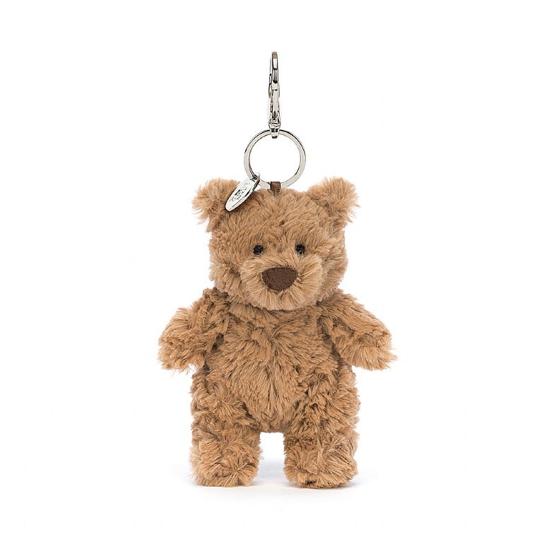Vorderansicht: Jellycat Bartholomew Bear Bag Charm, brauner Plüschbär-Schlüsselanhänger mit süßem Gesicht