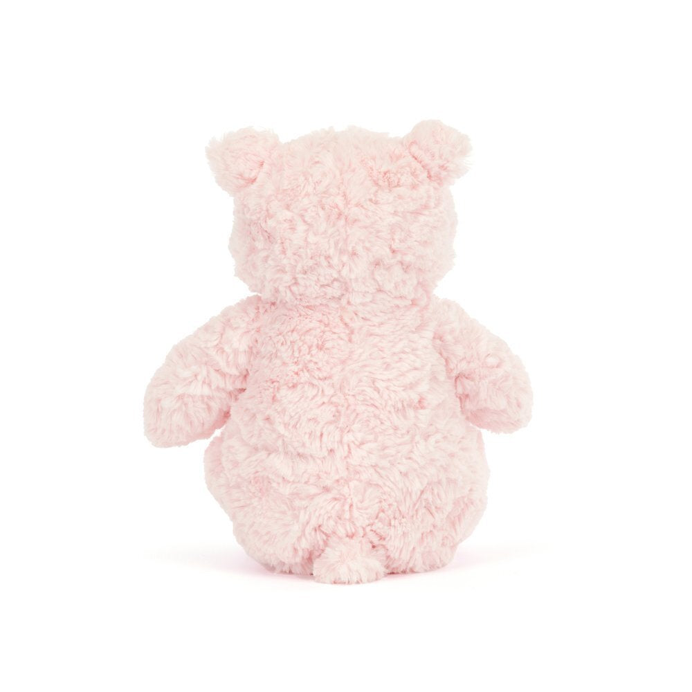 Rückansicht: Jellycat Leola Bear Medium, weicher, sitzender Kuschelbär in rosa mit kleinen schwarzen Knopfaugen