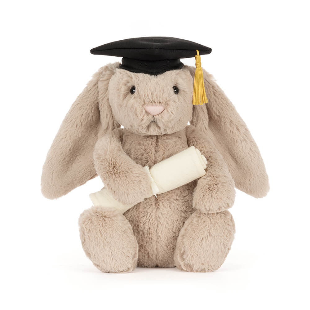 Jellycat Bashful Bunny Graduation Outfit - Plüschhase mit Doktorhut und zusammengerolltem Zeugnis in den Pfötchen