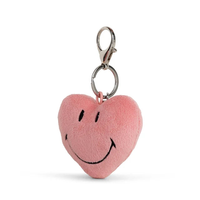 Pinker Smiley Plüsch-Herz-Schlüsselanhänger mit Schlüsselring von Bon Ton Toys – schräg von der Seite