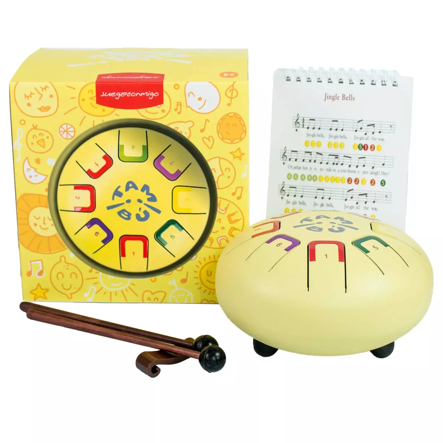 Das Baby Tambu von juegaconmigo mit Aufbewahrungstasche, Trommelstöcken, Trommelstockhalter und Notenbuch zum Aufstellen.