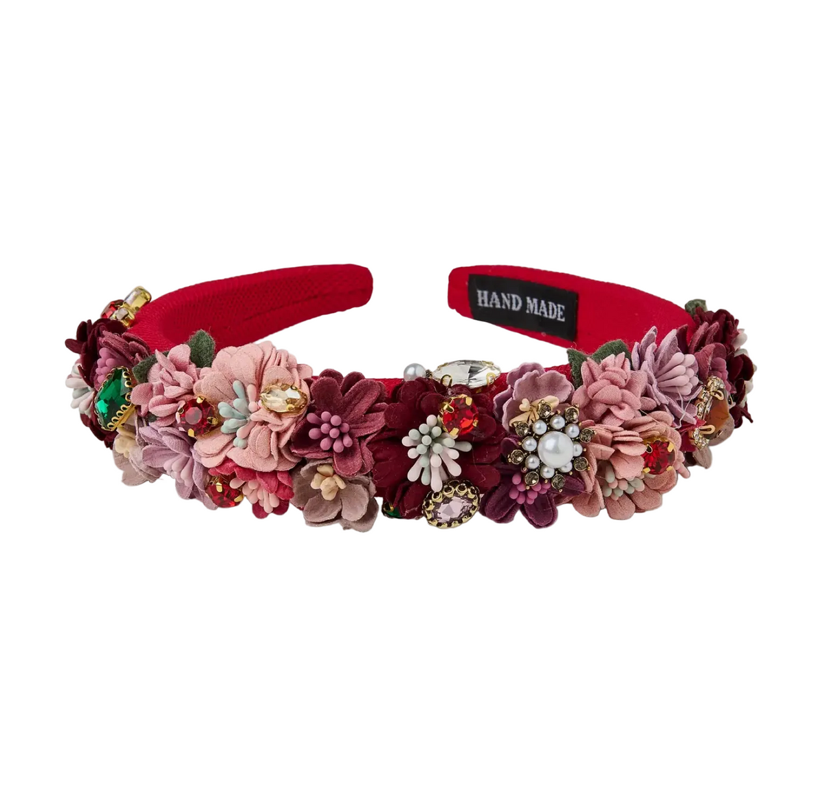 Haarreif in Rot mit Blumen und Glitzersteinen