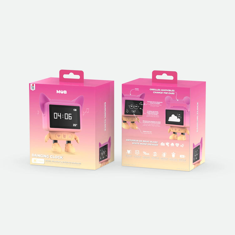 Die Dancing Clock von Mobility On Board hat viele Features. Neben einer Weckfunktion sowie Snoozefunktion ist sie ein Bluetooth Lautsprecher und spielt White Noise Töne ab. Sie tanzt zu den abgespielten Sounds und zeigt Emotionen auf dem LCD Monitor an.