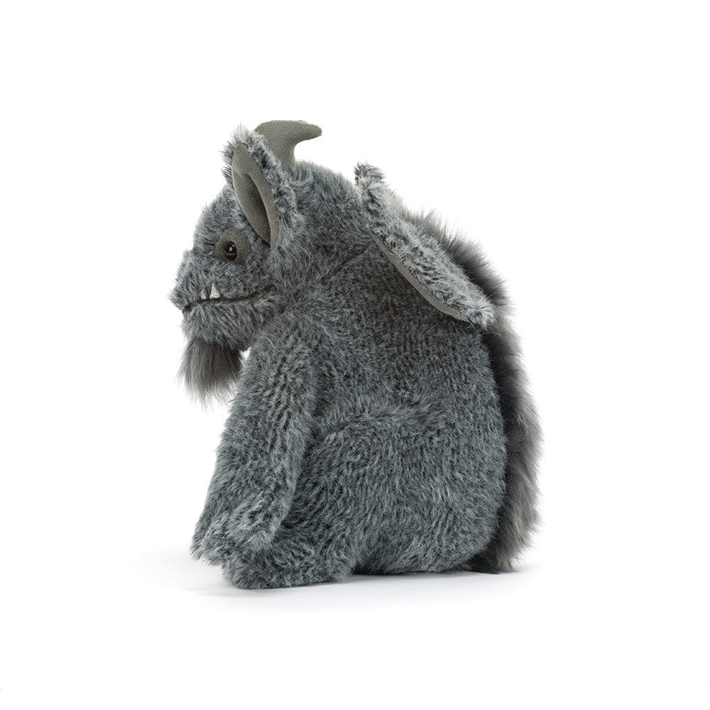 Jellycat Growlston Gargoyle Plüschtier von der Seite mit Hörnern, spitzen Ohren, Flügeln und Schwanz