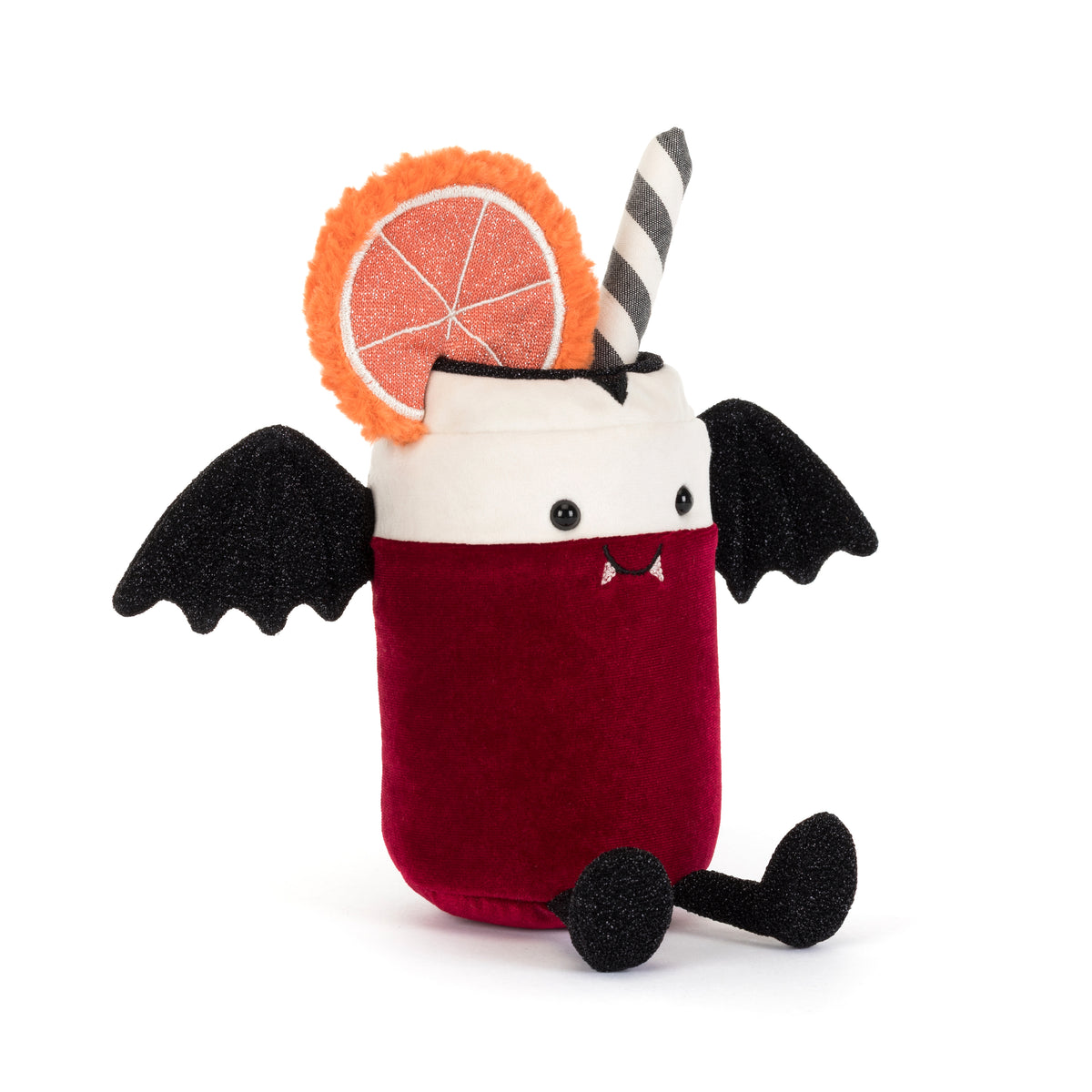 Jellycat Amuseables Vampop Drink von vorne mit Blutorangenscheibe, gestreiftem Strohhalm und schwarzen Fledermausflügeln und gruseligem Lachgesicht