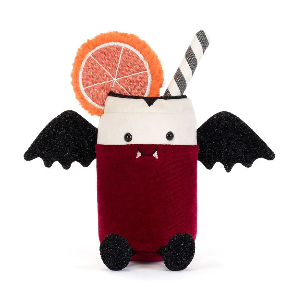 Jellycat Amuseables Vampop Drink von vorne mit Blutorangenscheibe, gestreiftem Strohhalm, schwarzen Fledermausflügeln & Füßchen und gruseligem Lachgesicht