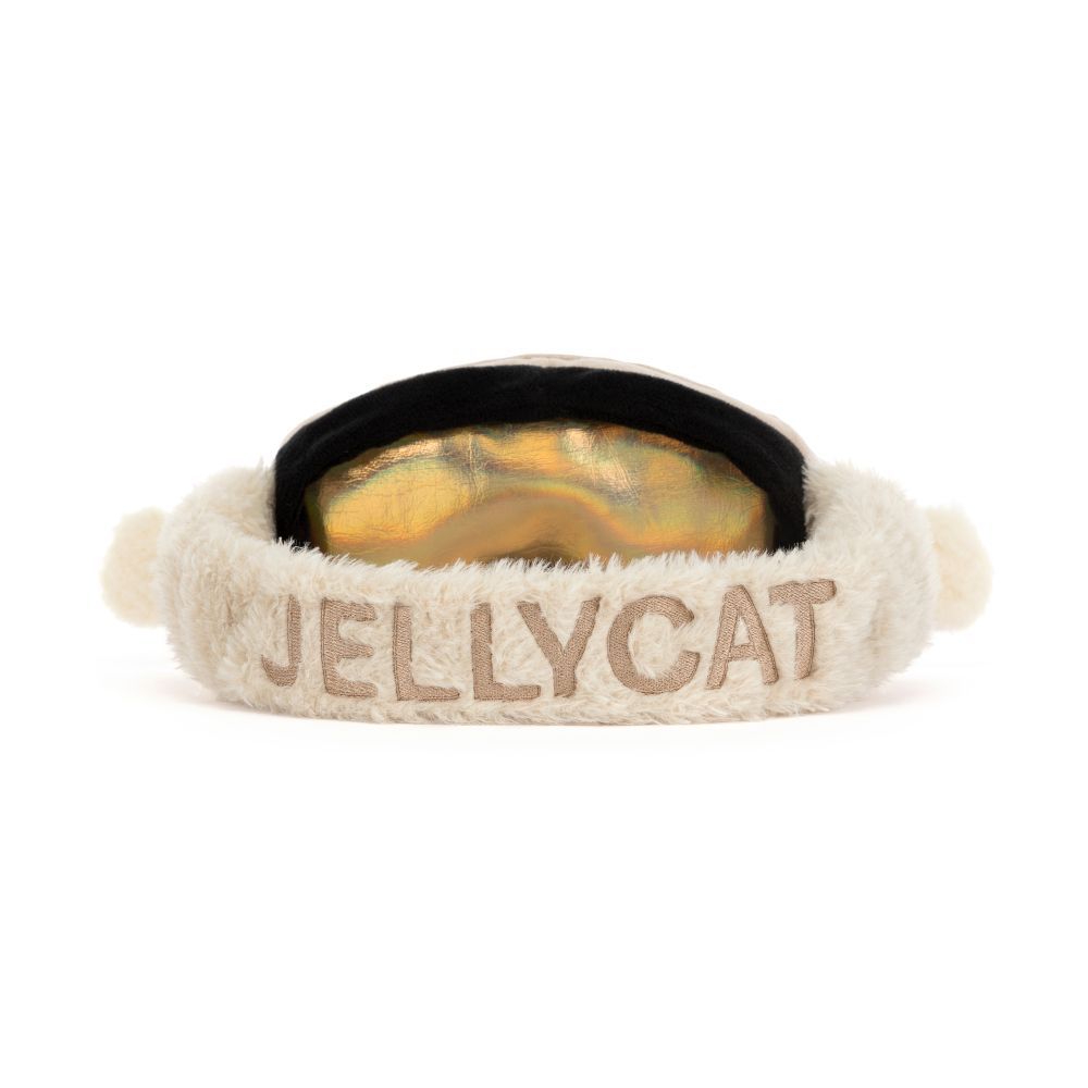 Jellycat Amuseables Sports Ski Goggles – kuschelige Skibrille von hinten mit flauschigem Brillenband und Jellycat-Schriftzug.