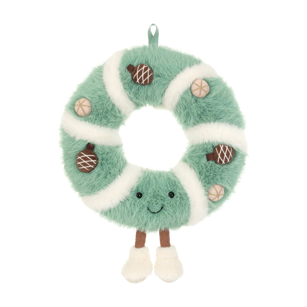 Jellycat Amuseables Pinecone Wreath – flauschiger Weihnachtskranz in Mintgrün und Cremeweiß mit kleinen Tannenzapfen, lächelndem Gesicht und weißen Füßchen, von vorne.