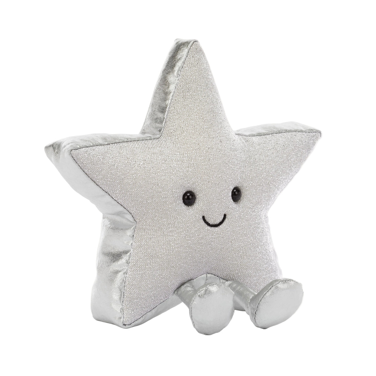 Jellycat Amuseables Silver Star 2026 – silberglänzender Plüschstern mit kleinen Füßchen und fröhlich lächelndem Gesicht, sitzend von vorne.