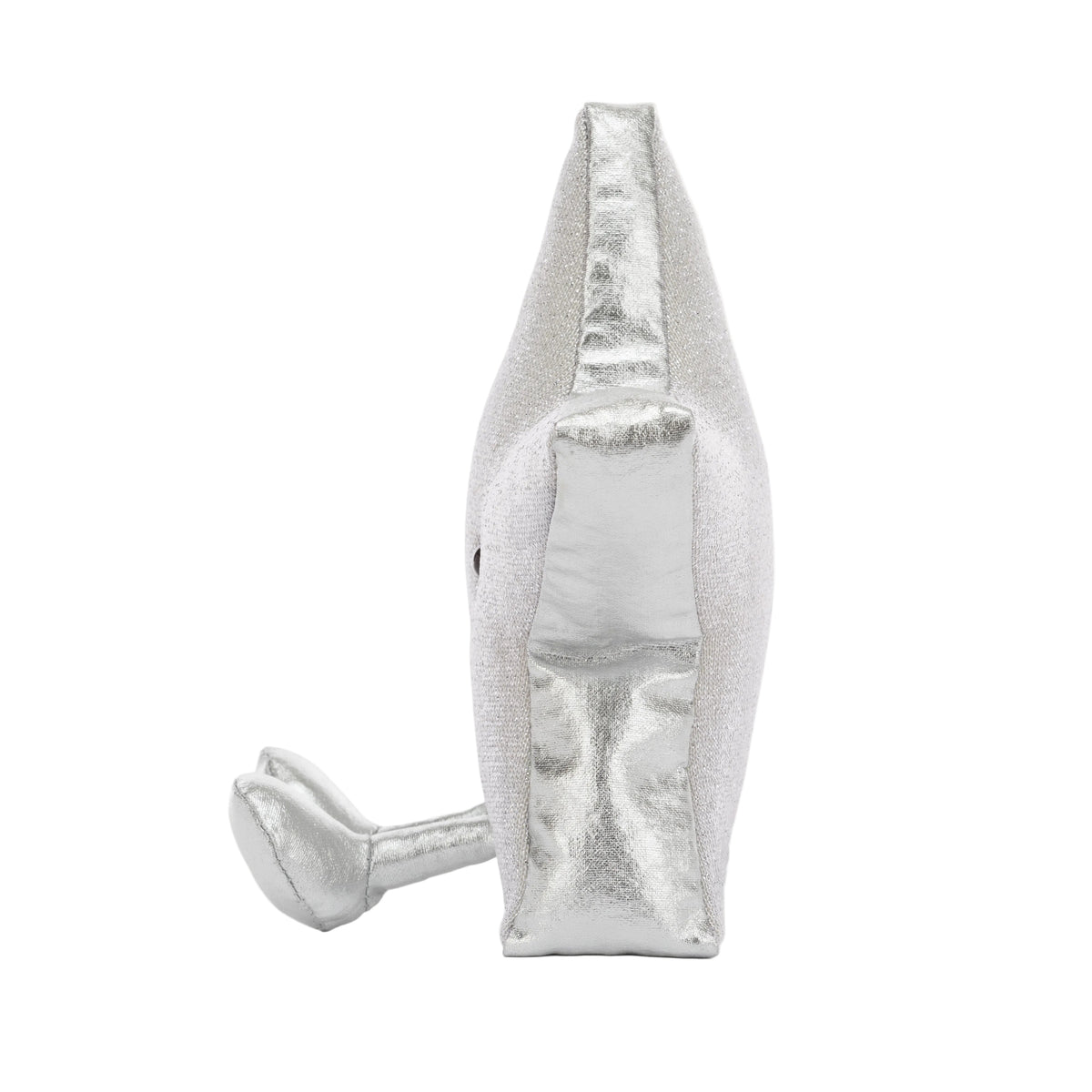 Jellycat Amuseables Silver Star 2026 – silberglänzender Plüschstern mit kleinen Füßchen, sitzend von der Seite.