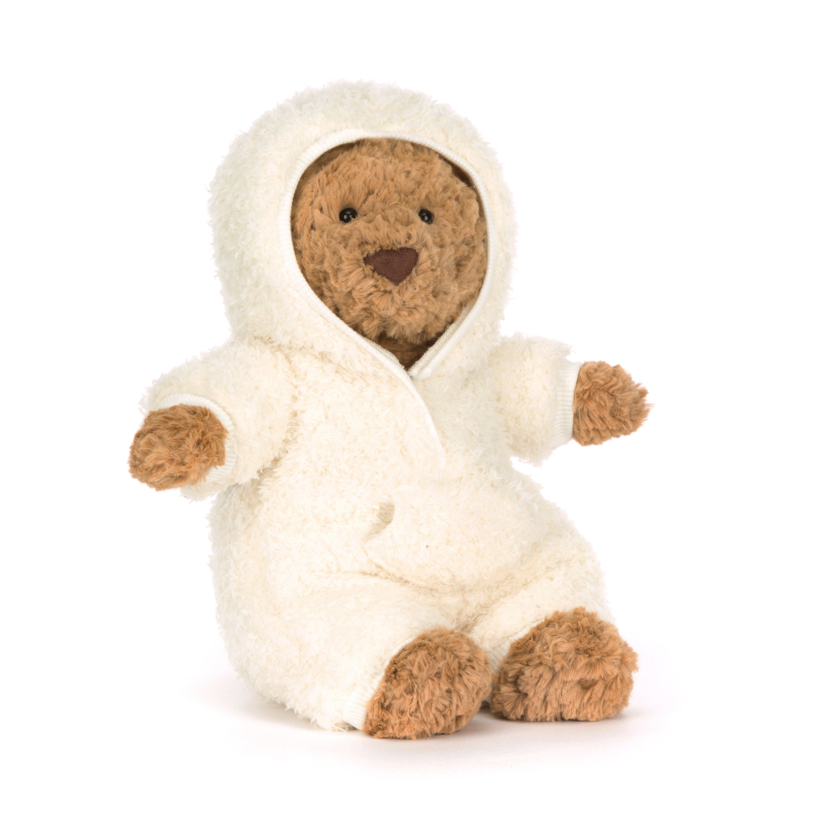 Jellycat Bartholomew Bear All-in-One Outfit, Kuscheltier-Bär in Braun im weißen Plüschanzug mit Kapuze