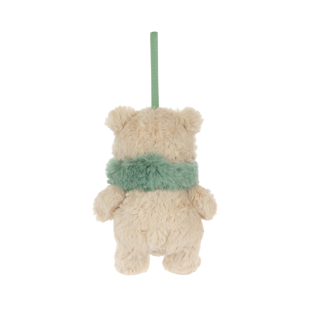 Jellycat Bartholomew Bear Jr. Winter Warmer Decoration – cremefarbener Plüschbär mit flauschigem mintgrünem Schal und grüner Aufhängeschlaufe als Weihnachtsbaumschmuck, von hinten.