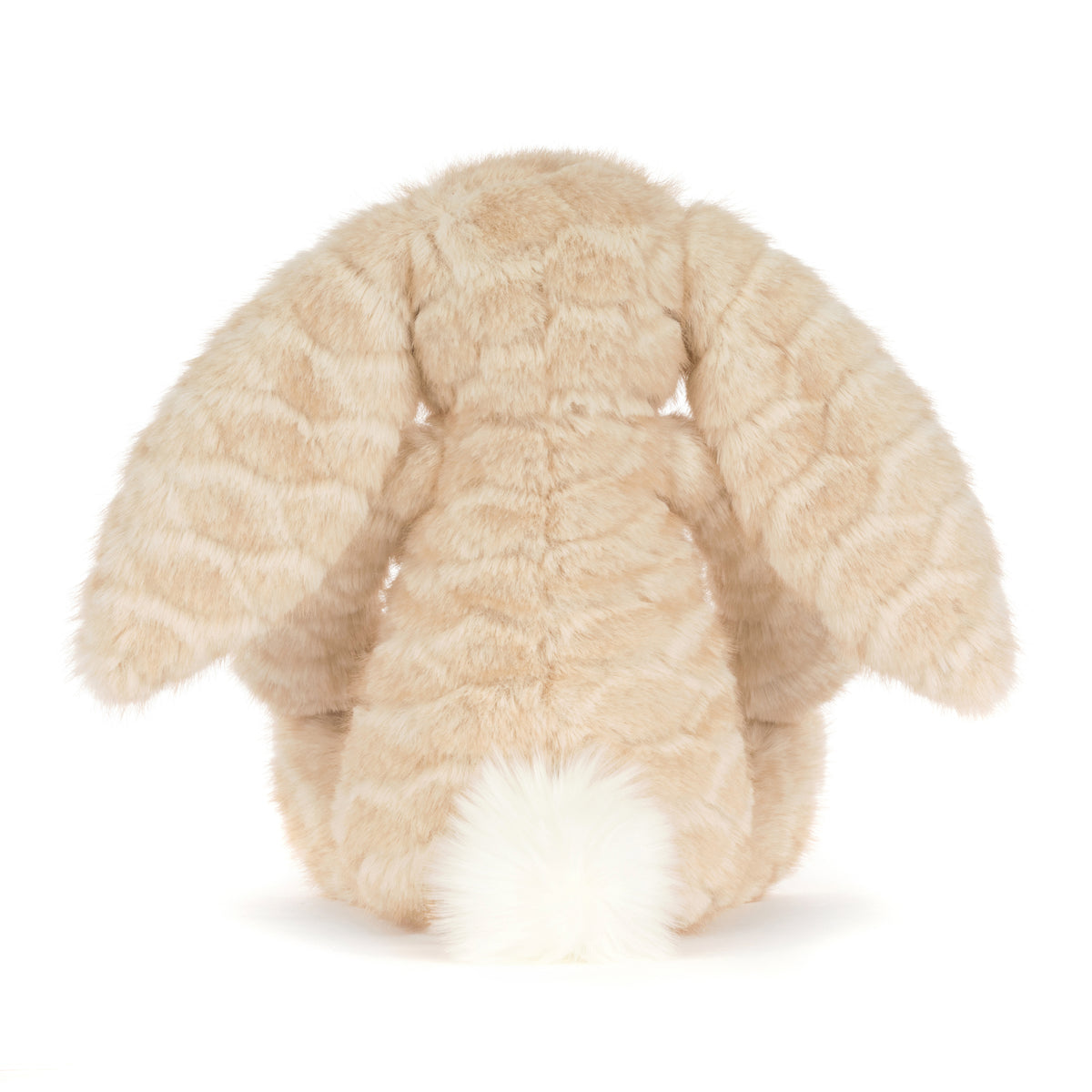 Jellycat Franilla Luxe Bunny – cremefarbener Kuschelhase mit besonders flauschigem, leicht gemustertem Fell, langen Schlappohren und weißem Puschelschwanz, von hinten.