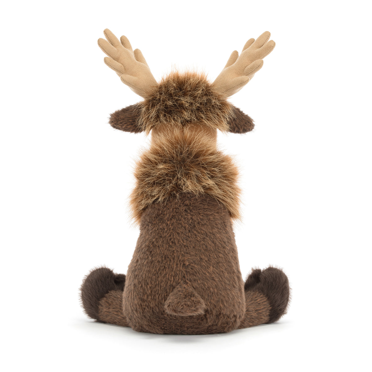 Jellycat Birchly Moose – brauner Kuschelelch mit großem beigefarbenem Geweih, flauschiger Mähne, langer Schnauze und großen Plüschfüßen, von hinten.