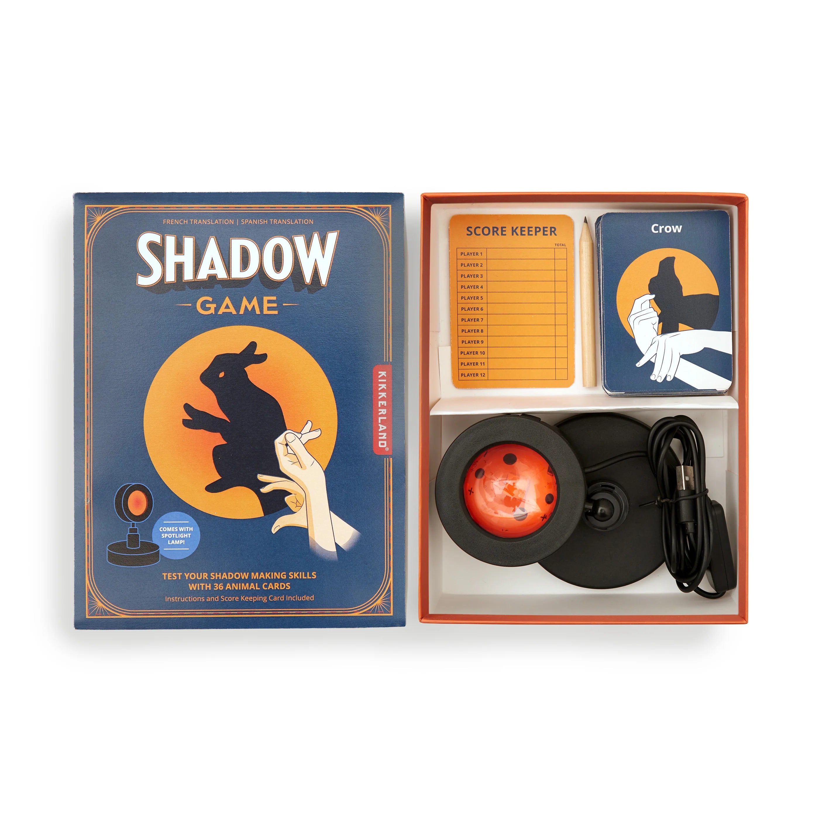 Shadow Game von Kikkerland, kreatives Schattenspiel mit USB-Lampe und Tierkarten für leichte Schattenfiguren und Ratespaß