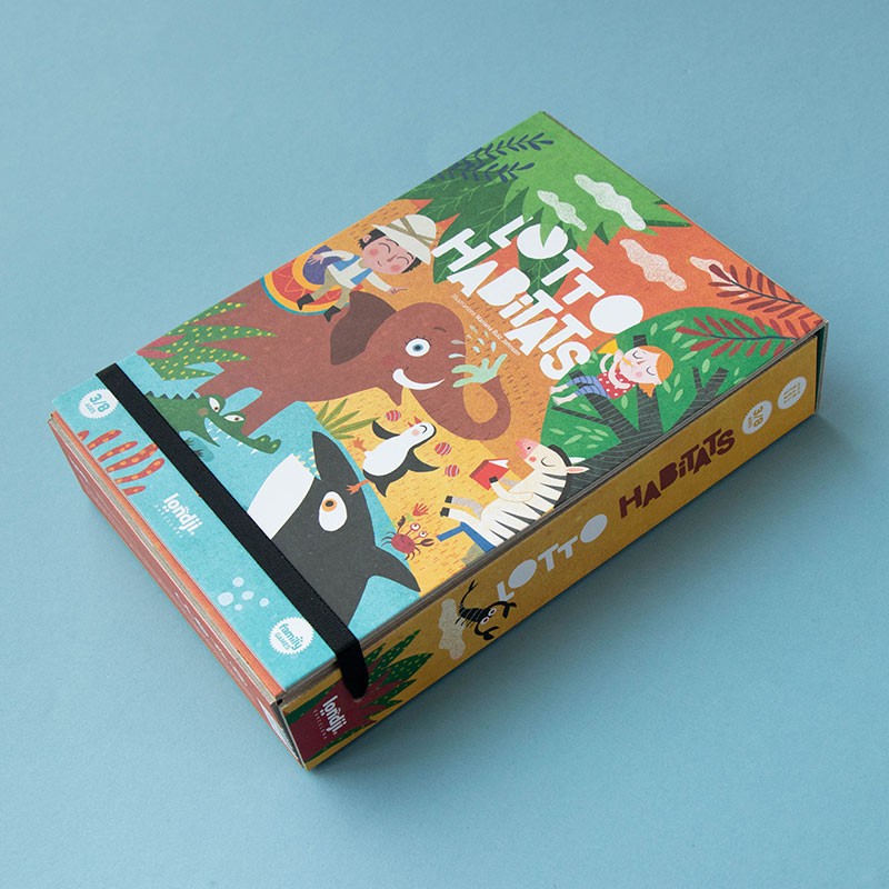 Familienspiel Habitats Lotto von londji mit liebevoll illustrierten Tierplättchen und Spieltafeln zu Lebensräumen