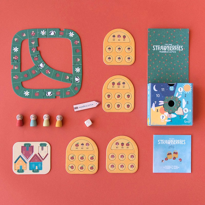 Tiny Game Strawberries von londji, tragbares Strategiespiel ab 4 Jahren, Häschen und Dachs sammeln Waldfrüchte
