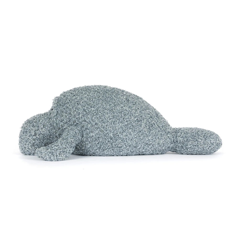 Jellycat Maffles Manatee Kuschel-Seekuh in Grau mit rundem Körper und verträumtem Gesicht