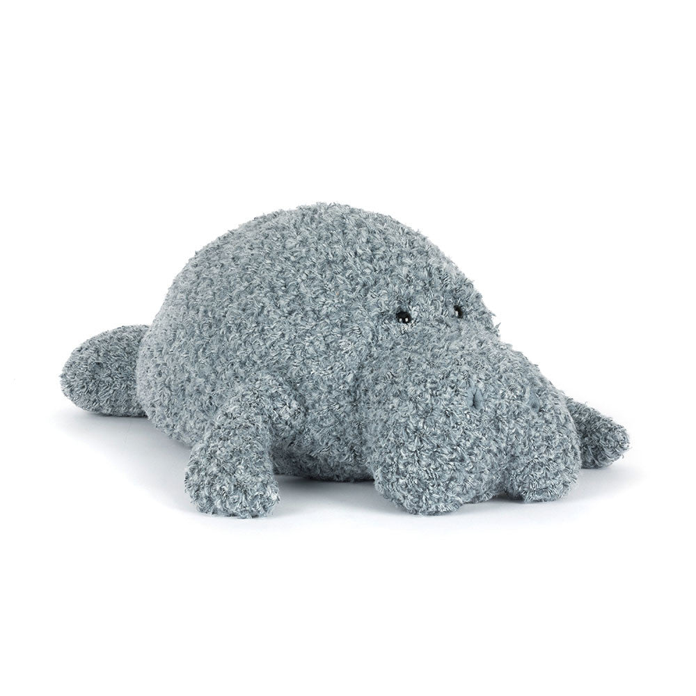Jellycat Maffles Manatee Kuschel-Seekuh in Grau mit rundem Körper und verträumtem Gesicht