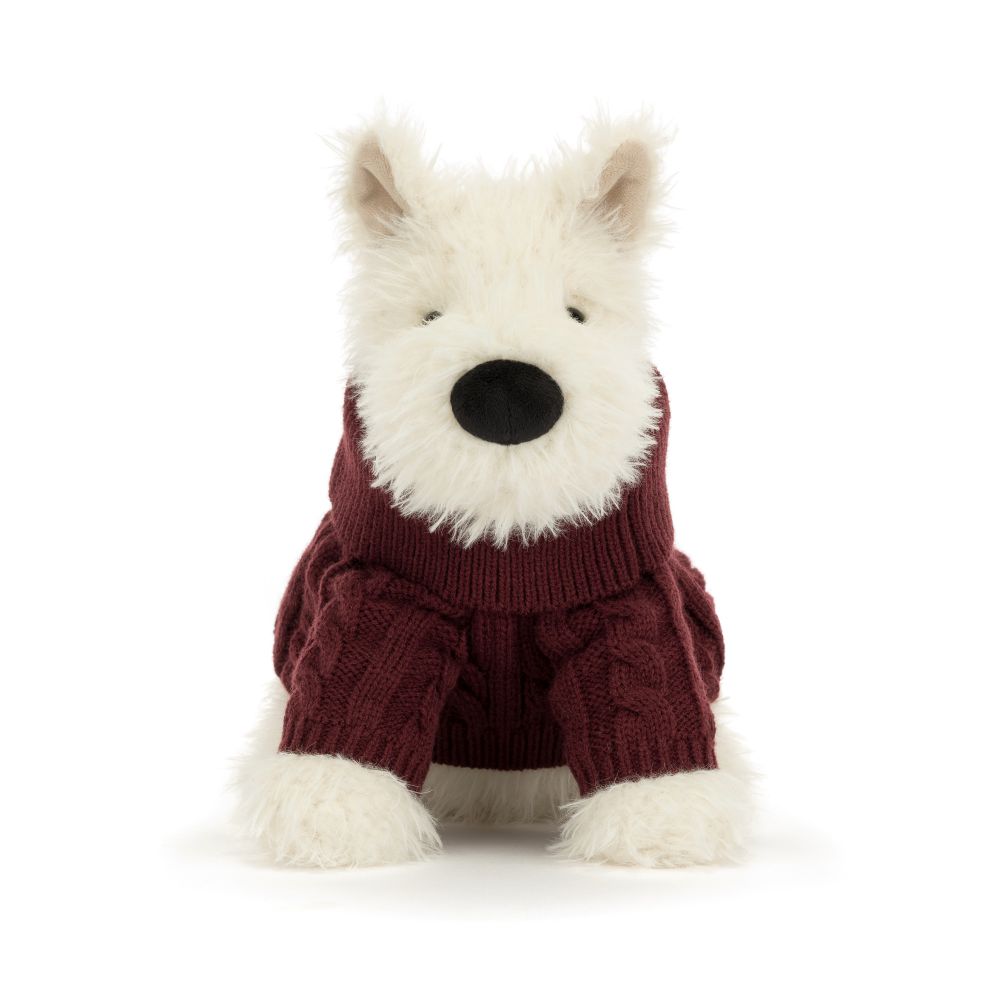 Jellycat Munro Scottie Dog Winter Jumper, weißer Plüschhund mit bordeauxrotem Strickpullover, sitzend von vorne