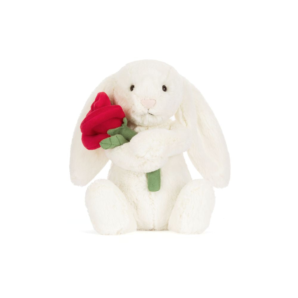 Jellycat Bashful Cream Bunny with Rose, ein cremefarbener Plüschhase mit rosa Stoffrose – ideal als Geschenk zum Valentinstag oder Geburtstag