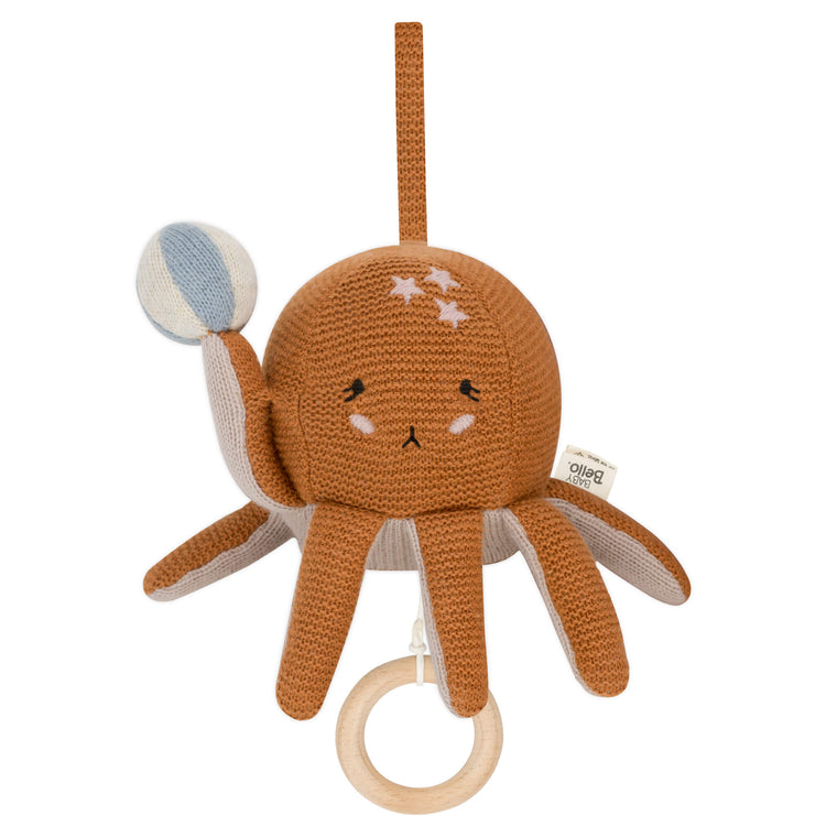 Spieluhr von Baby Bello. Ozzy der Oktopus ist in naturtönen gehalten und super weich. Seine sanfte Musik hilft Babys beim Einschlafen.
