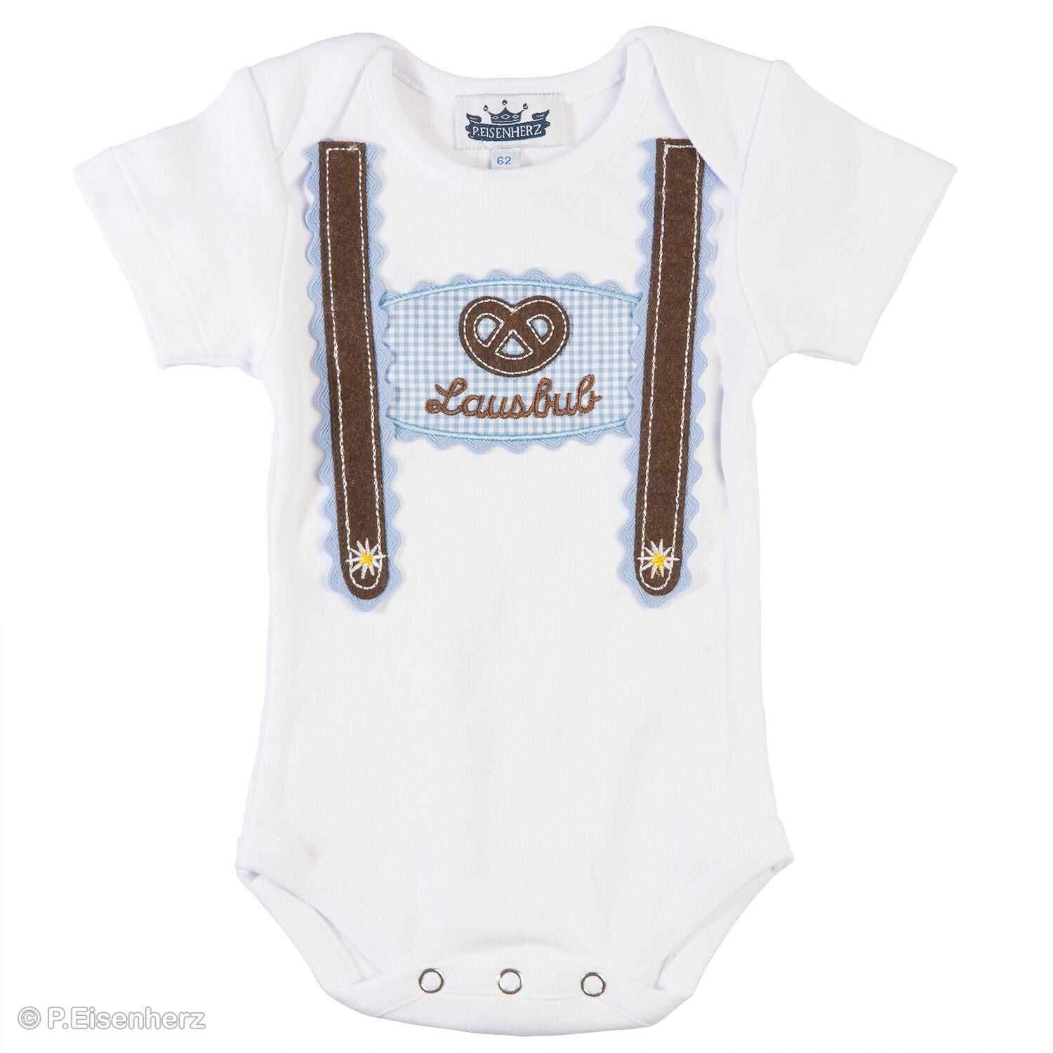 Trachtenbody Baby Junge Kurzarm Body mit Hosenträgern und Stickerei „Lausbub“ von P. Eisenherz im klassischen Trachtenlook