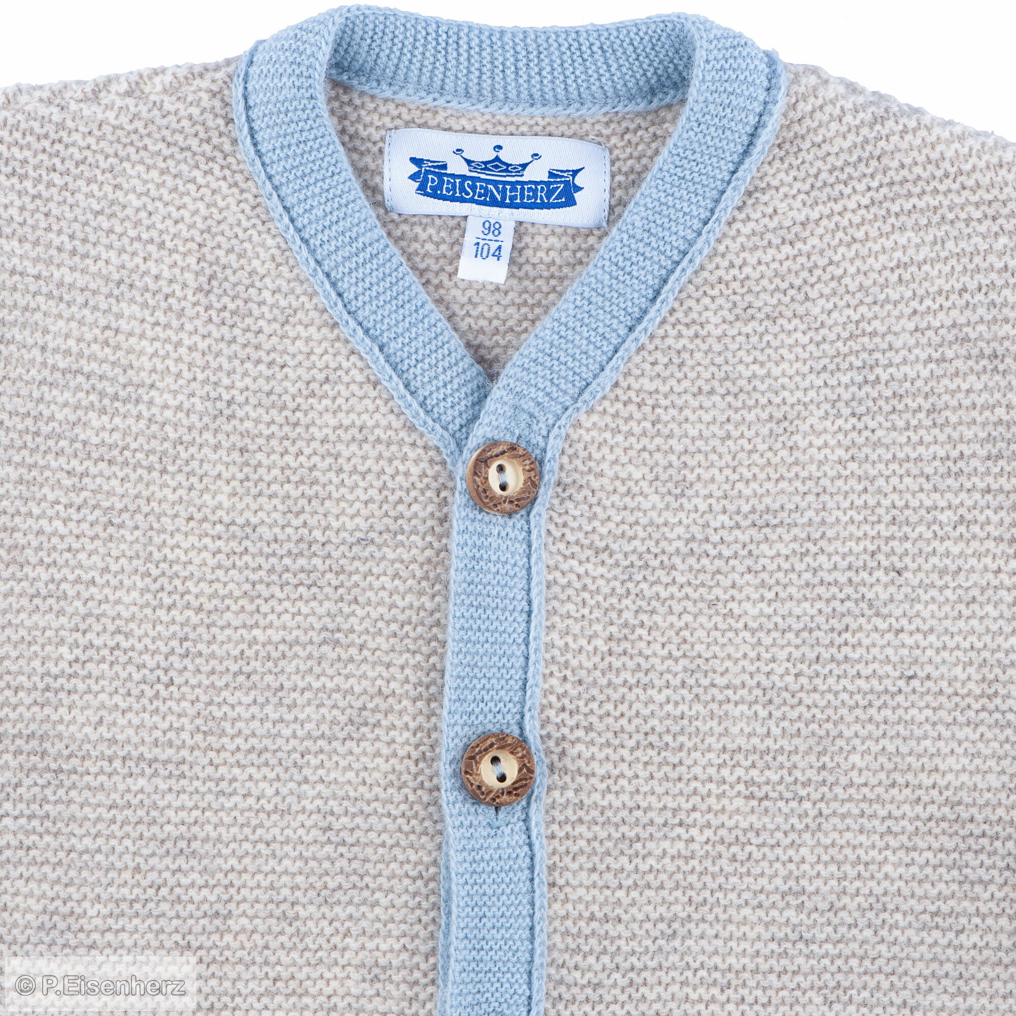 Unisex Strickjacke für Babys mit Holzknöpfen und Linksstrick-Details in Beige und Hellblau