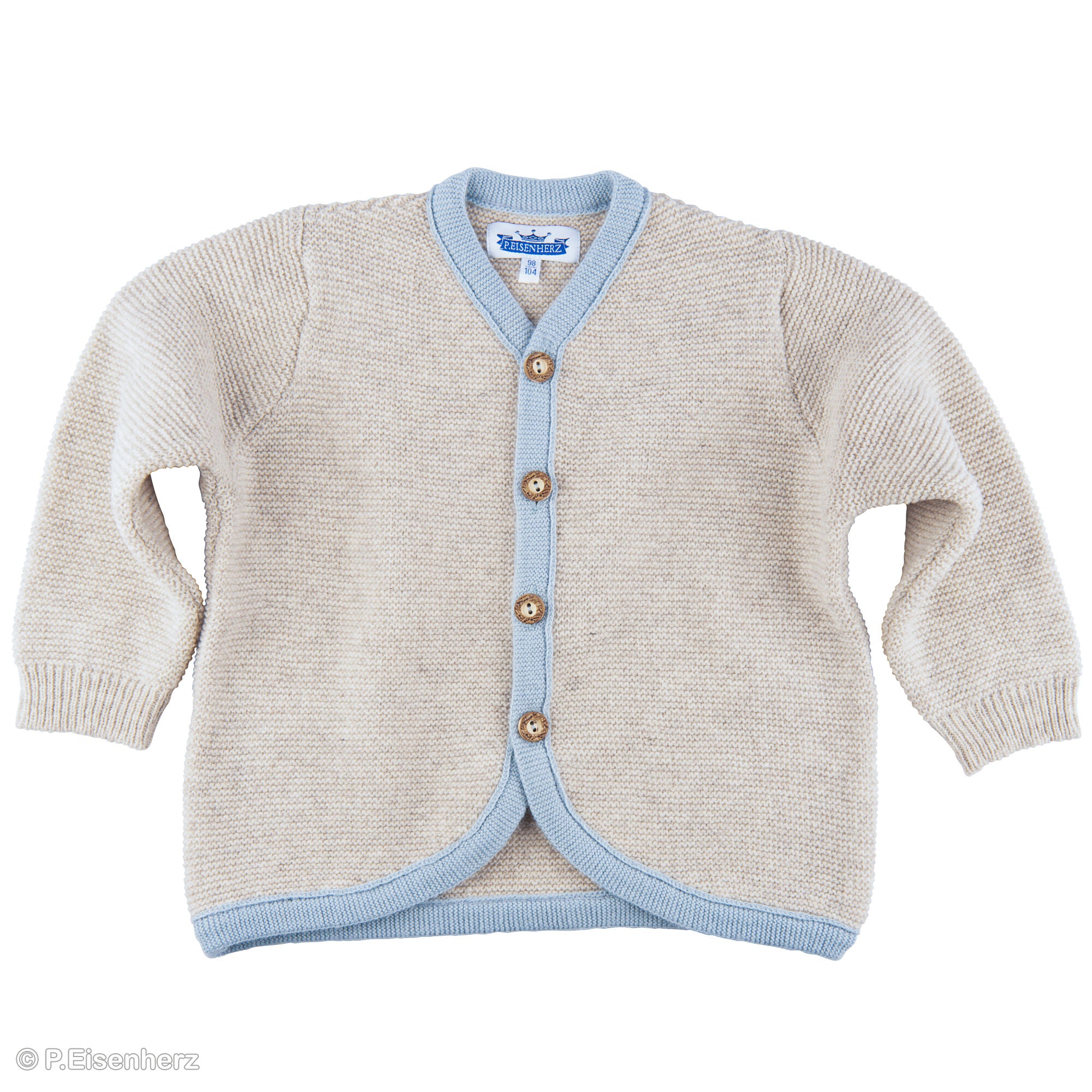 Unisex Strickjacke für Babys mit Holzknöpfen und Linksstrick-Details in Beige und Hellblau