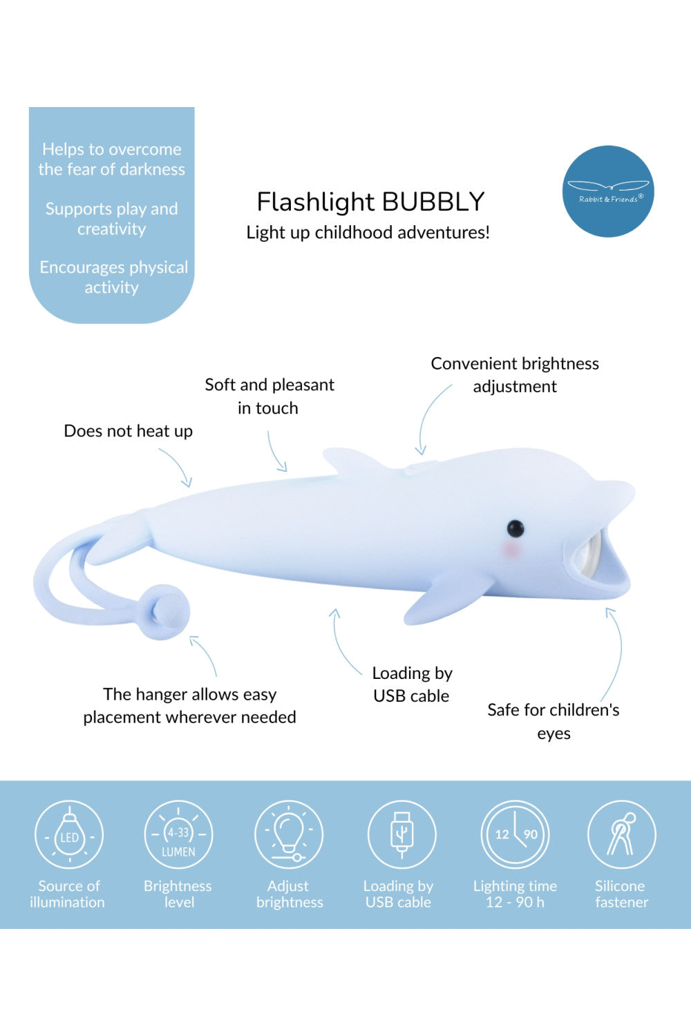 Blaue Delfin-Taschenlampe "Dolphin Bubbly" von Rabbit & Friends aus weichem Silikon