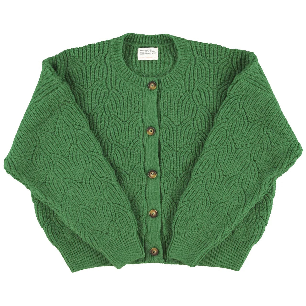 Strickcardigan Soft Knit Grün von Sisters Department mit Zopfmuster und braunen Knöpfen