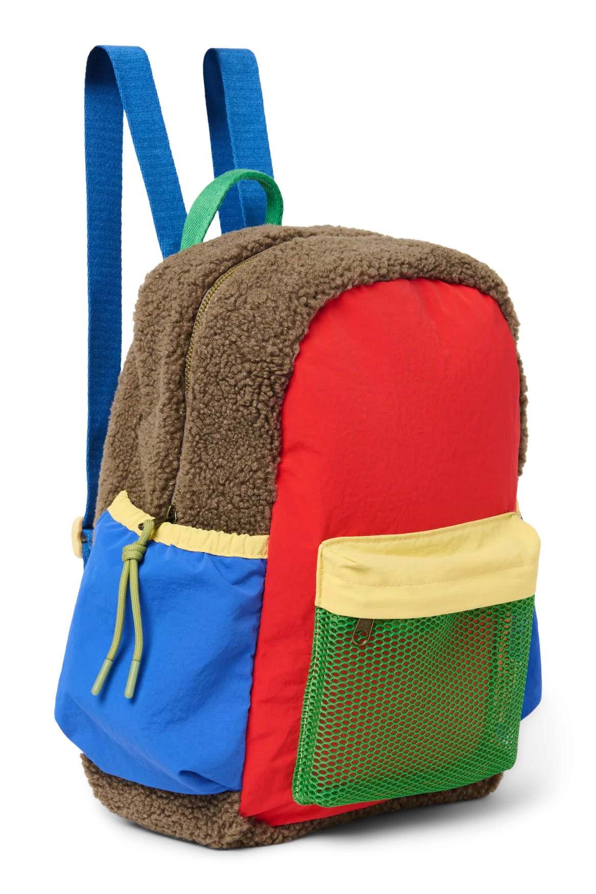 Vorderansicht: Studio Noos Patchwork Midi-Rucksack l Fiery Red in bunten Farben mit braunem Teddy-Stoff, roten Patchwork-Details und blau-grün-gelben Akzenten