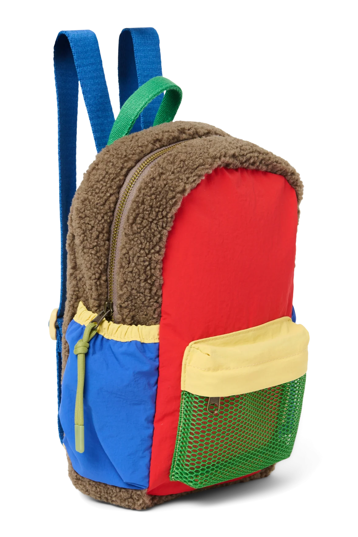 Seitenansicht: Studio Noos Patchwork Mini-Rucksack l Fiery Red in bunten Farben mit braunem Teddy-Stoff, roten Patchwork-Details und blau-grün-gelben Akzenten