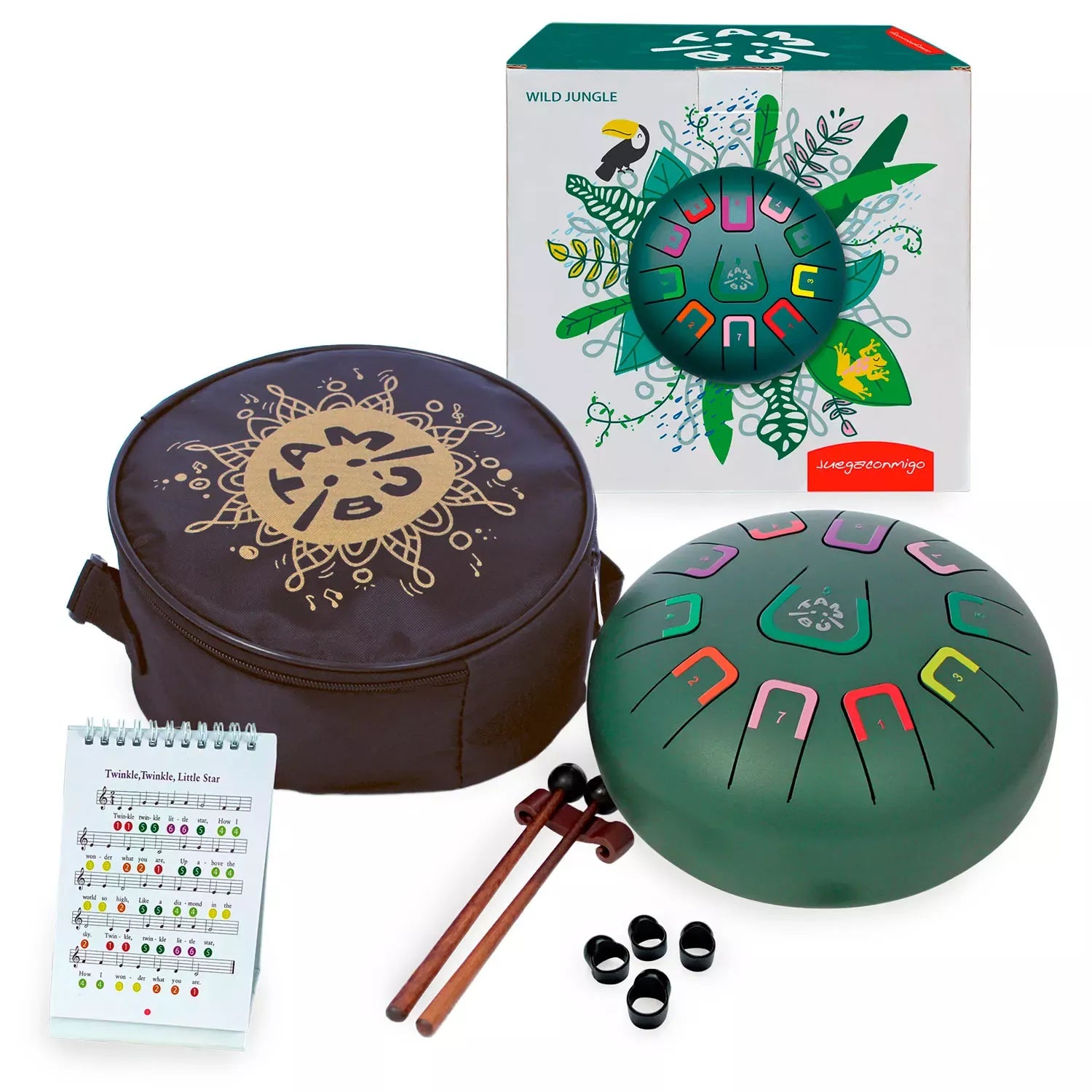 Die Zungentrommel von juegaconmigo mit Aufbewahrungstasche, Drum Sticks, Trommelstockhalter, Fingerpicks und Notenbuch zum Aufstellen.