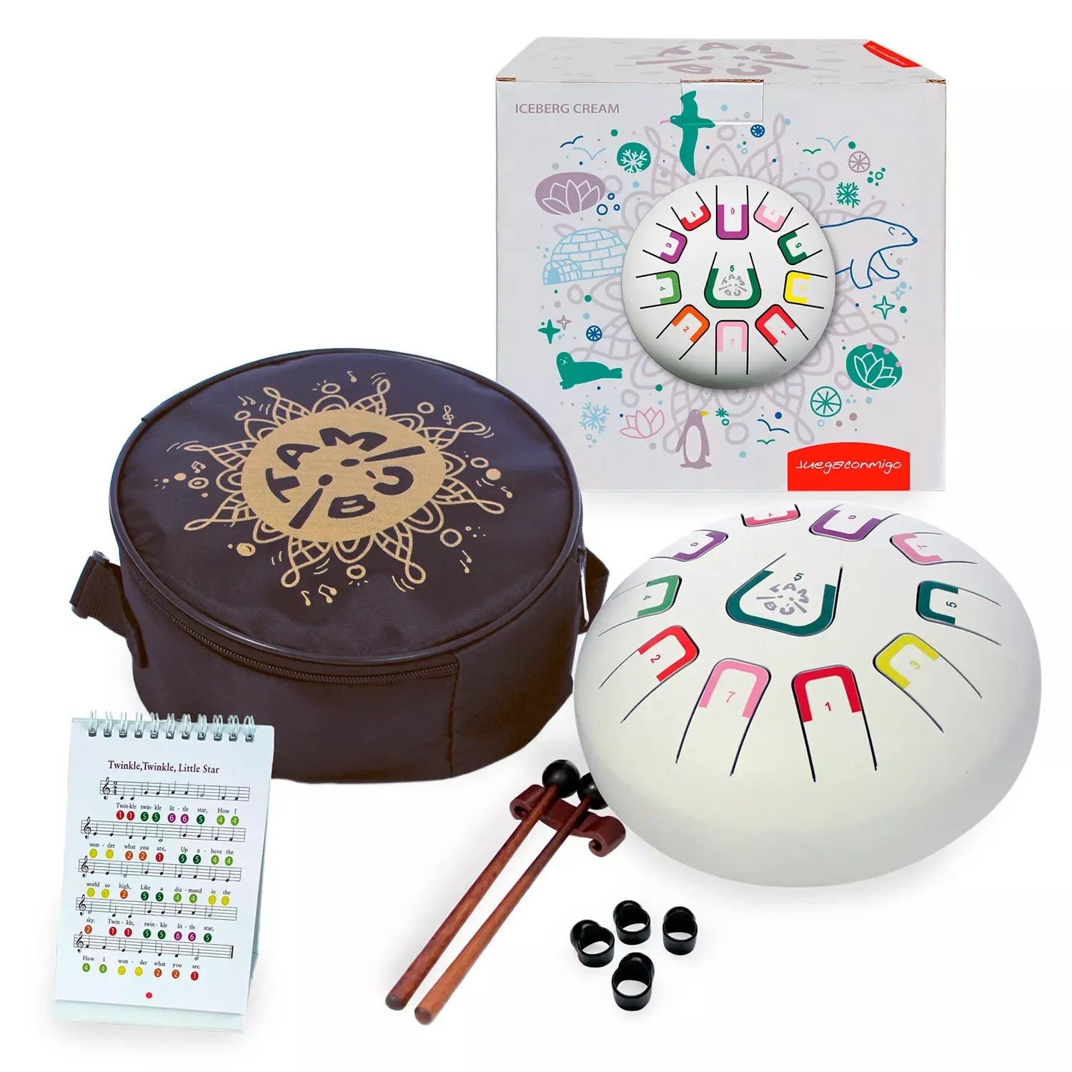 Die Zungentrommel von juegaconmigo mit Aufbewahrungstasche, Trommelstöcken, Trommelstockhalter, Fingerpicks und Notenbuch zum Aufstellen.