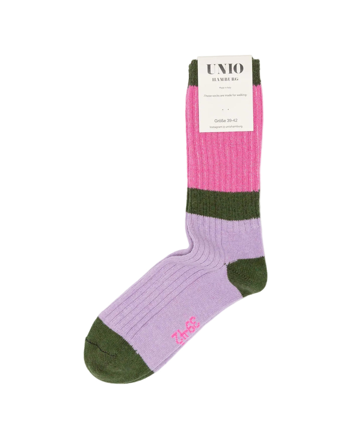UNIO Hamburg Wollsocken CALM GLITZI in Flieder, Pink und Dunkelgrün mit Glitzerdetails, vollständige Ansicht mit Etikett.