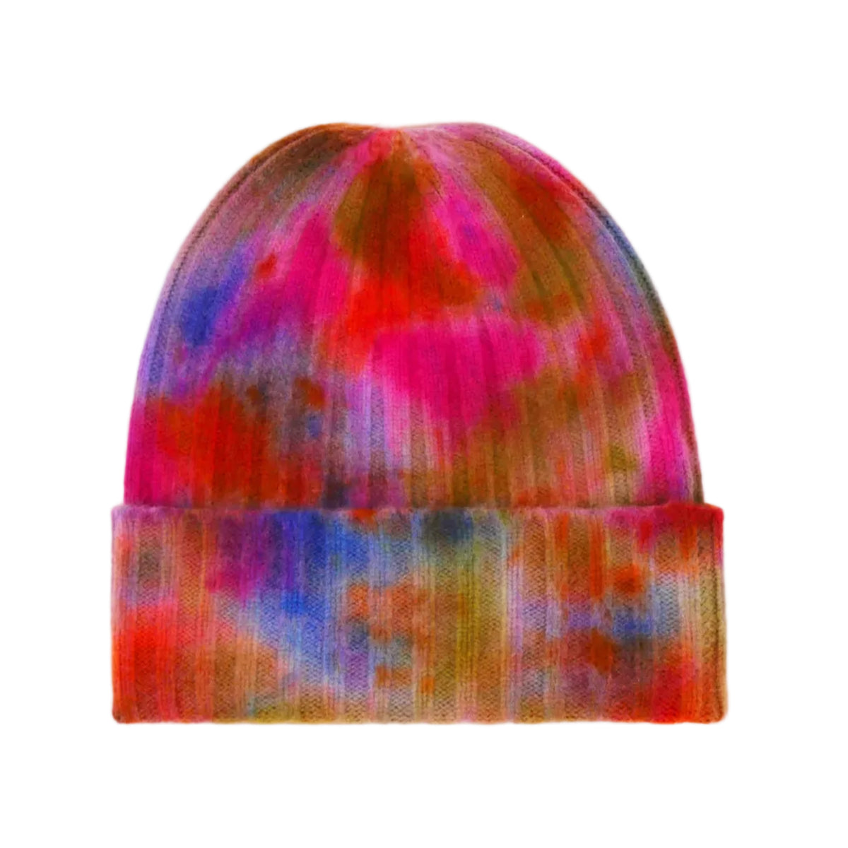 Kaschmirmütze Beanie Ice Dye A von V VON GOAT aus 100 % Kaschmir mit breitem Umschlag und buntem Batiklook in Pink, Orange, Rot, Blau, Lila und Gelb.