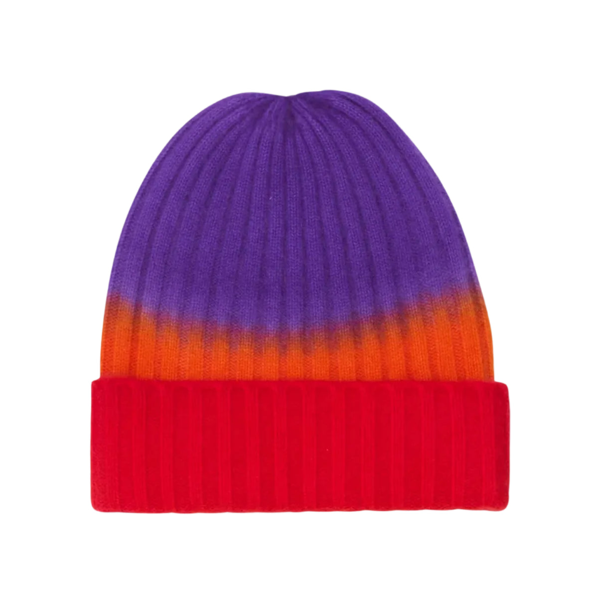 Kaschmirmütze Beanie Sunset von V VON GOAT aus 100 % Kaschmir mit ineinanderfließenden Rot-, Orange- und Lilatönen und breitem Umschlag.