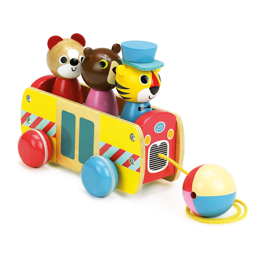 Vilac Holzbus mit drei Tierfiguren als Fahrer und Passagiere