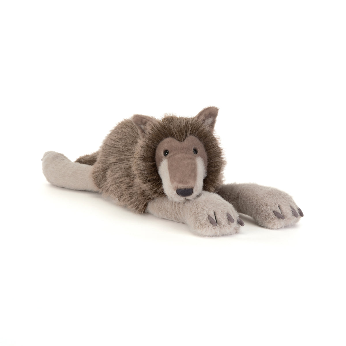 Jellycat Ulrich Wolf, flauschiger grauer Wolf mit großen Pfoten und freundlichem Gesicht, entspannt liegend von vorne