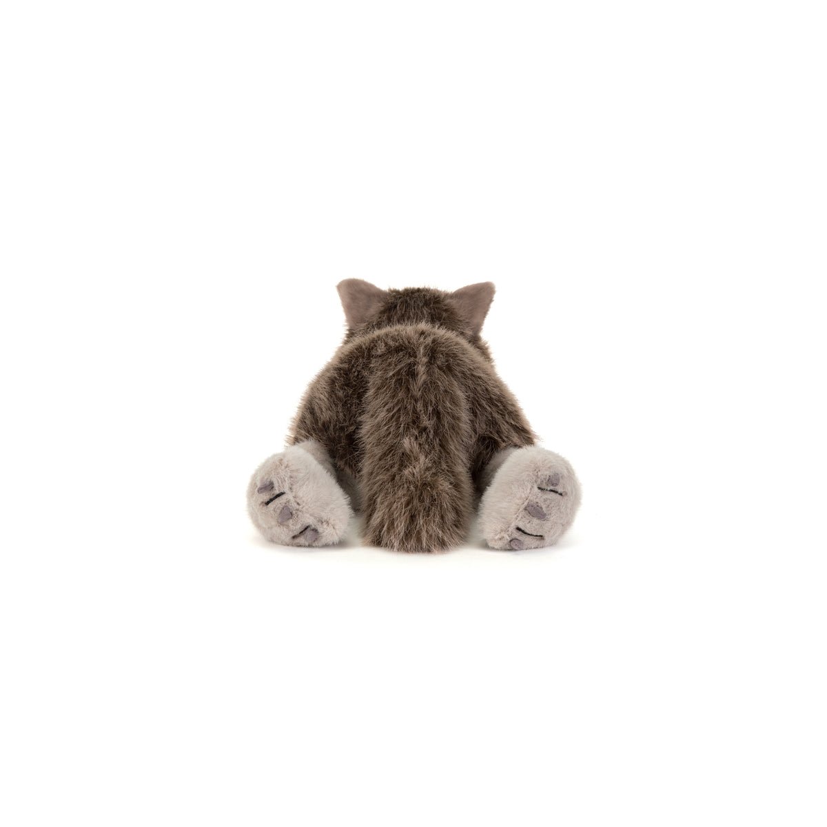 Jellycat Ulrich Wolf, flauschiger grauer Wolf mit großen Pfoten und freundlichem Gesicht, entspannt liegend von hinten